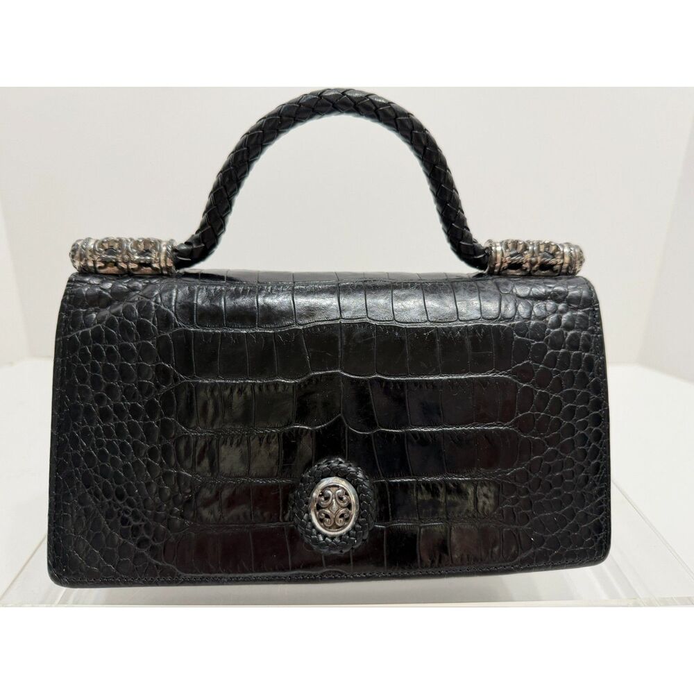 Vintage Brighton BlackLeather CrocEmbossed BraidedHandle SilverToneHardware Bag